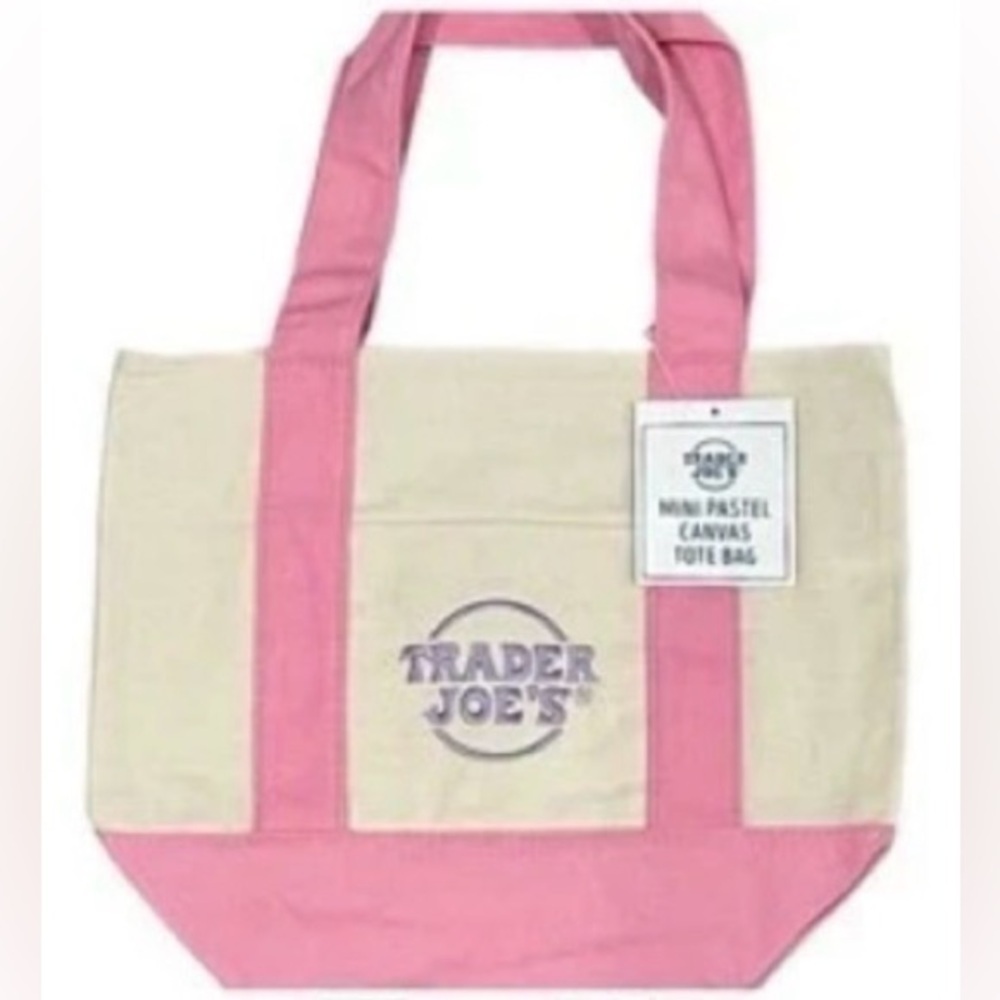 Trader Joe’s Mini Pastel Canvas Tote Bag Set Of 2 Easter Spring ~ Pink/Purple 🩷💜 - Picture 2 of 6